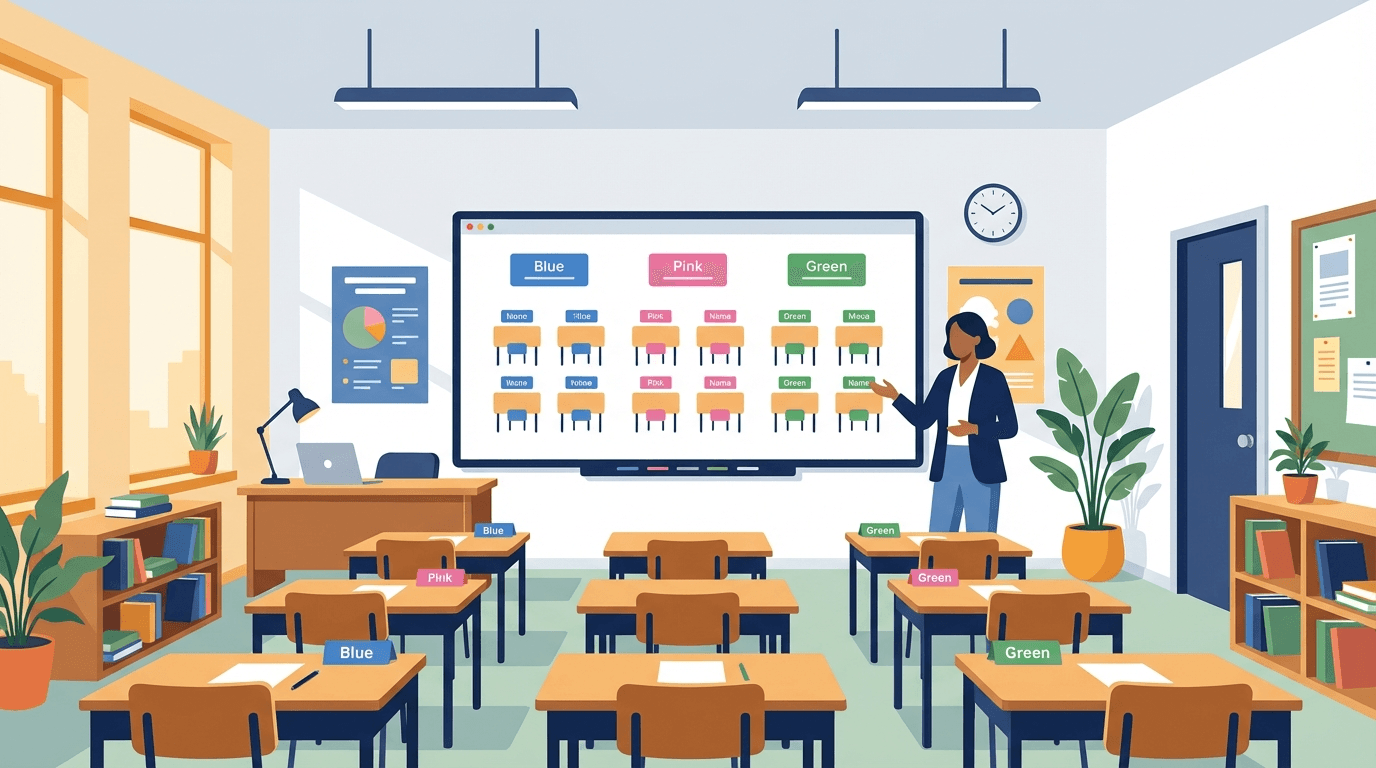 Seating chart displayed on a classroom whiteboard with color-coded student groups
